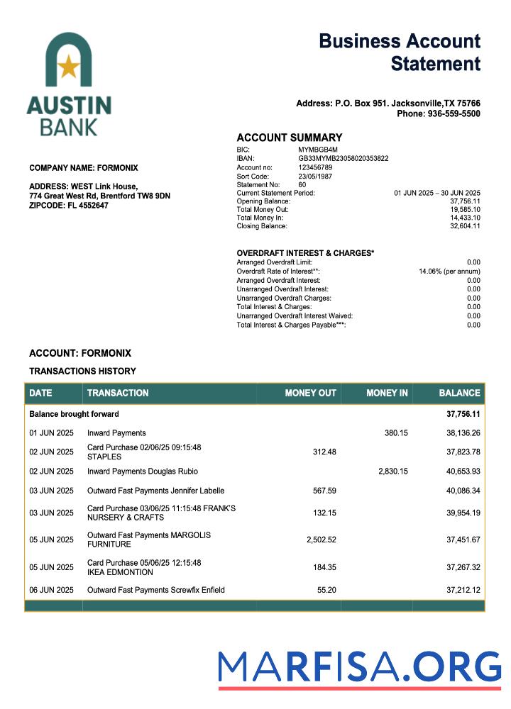 Blank USA Austin firm account statement Word and PDF template